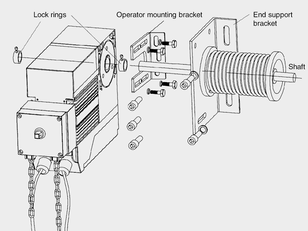The operator is mounted on the door shaft with a bracket, a pin and a lock ring. The mounting bracket is fastened to the headroom with screws.